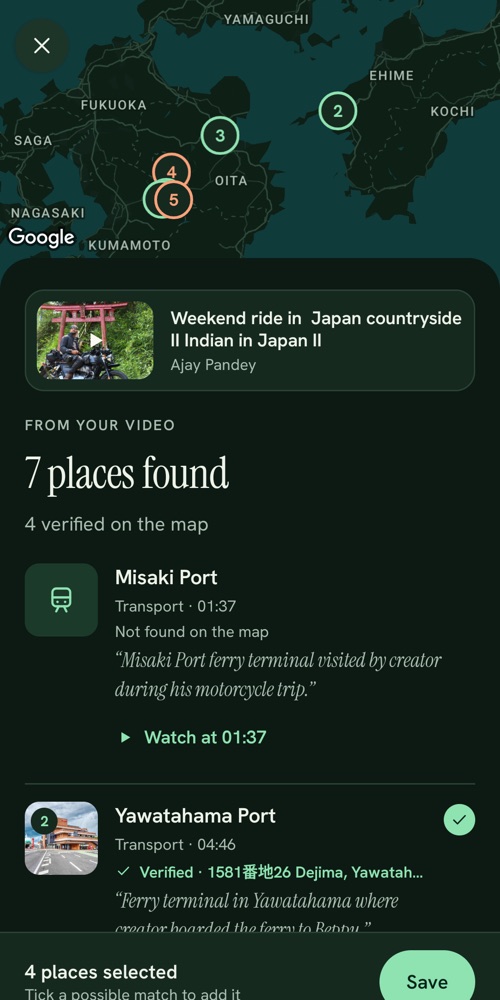 7 places found in a video, pinned on a map